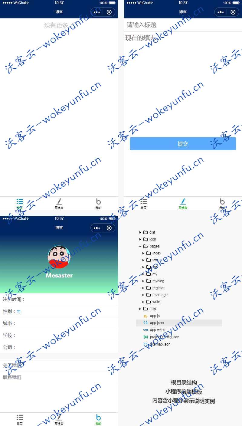 【小程序模板】功能模块+个人日记博客微信小程序页面模板+博客主页+登陆注册页面等