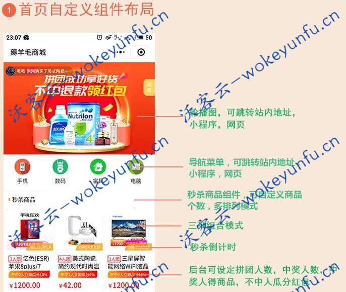 【薅羊毛拼团商城V1.1.7】功能模块+多开版+前端+首页自定义组件布局+秒杀拼团